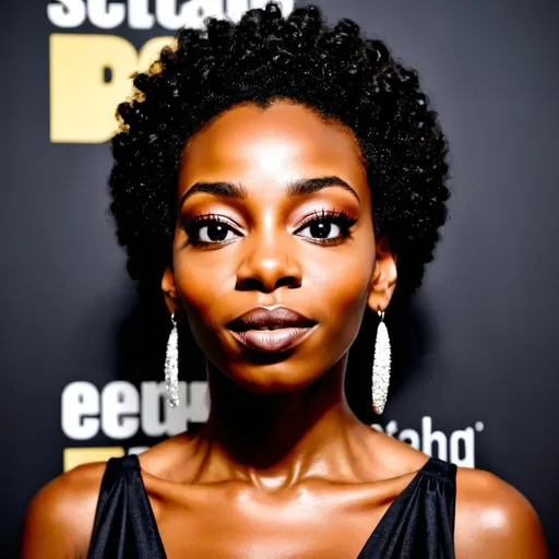 Prompt: beautiful black actress, afro, black dress, step and repeat banner