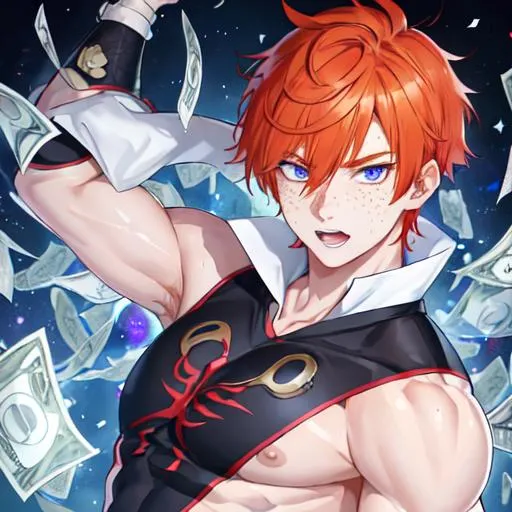 Prompt: Erikku male (short ginger hair, freckles, right eye blue left eye purple) muscular, UHD, 8K, Highly detailed, insane detail, best quality, high quality.  holding dollar bills, wearing clothes