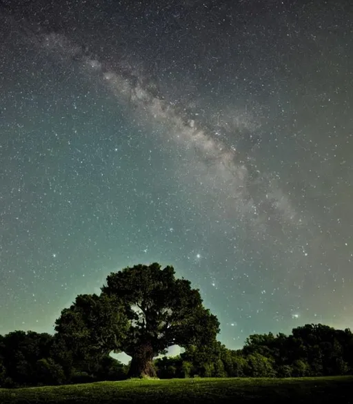 Prompt: Oak tree background under dreamy night starry sky 