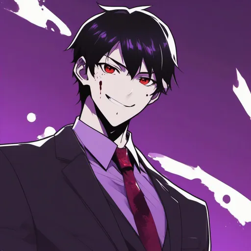 Prompt: Anime Style, young adult male smiling with short black hair, purple skin, purple eyes, and wearing a 
 purple business suit with a black tie, blood red background with black undertones and blood on his face.