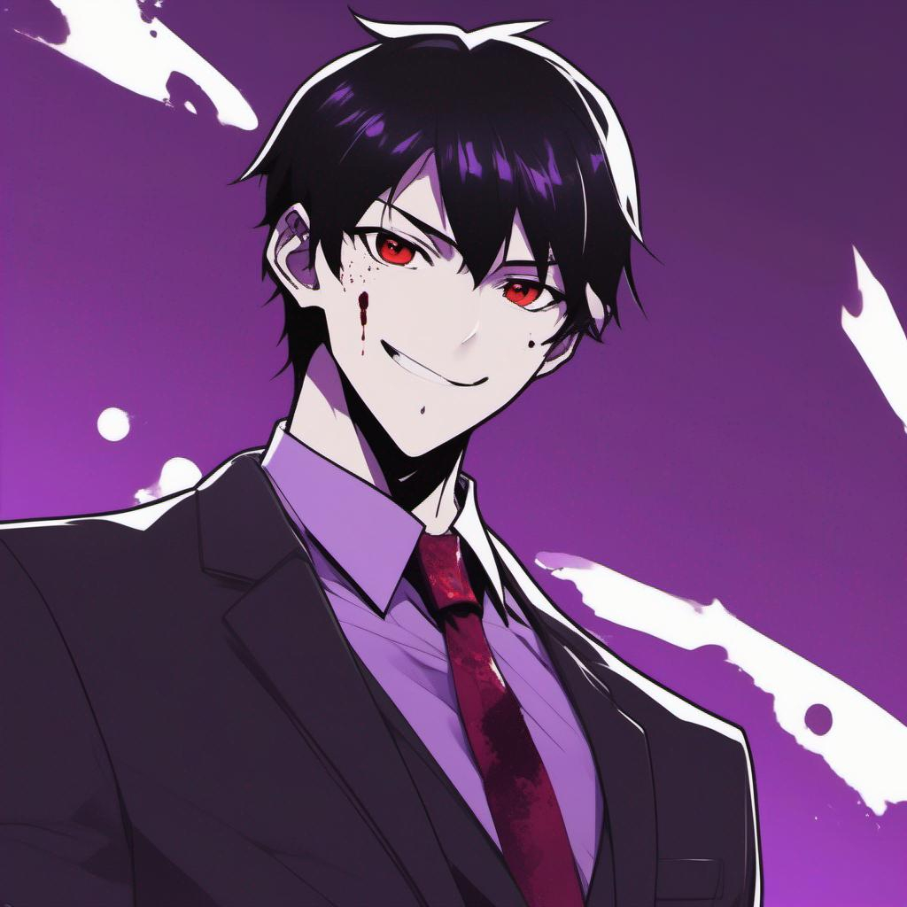 Short dark purple fluffy hair; beautiful light blue eyes; sharp teeth;  small ears; tan skin ripped body build; clothes; very handsome; incredible  face; anime style; manga style; beautiful ; detailed; delinquent; teenager;