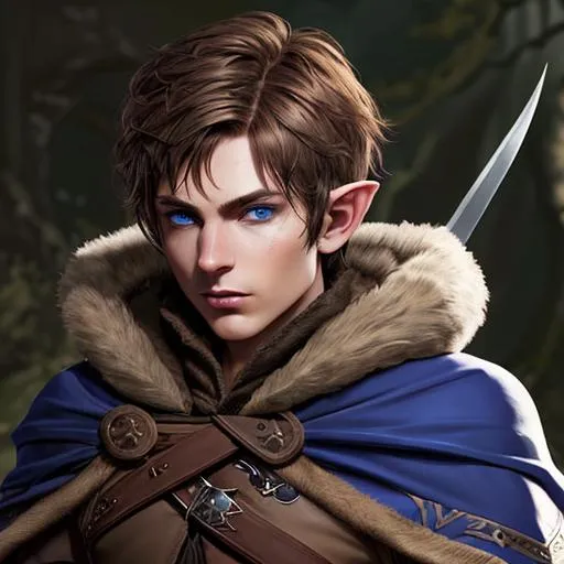 Prompt: dnd 5e ranger hunter, male, brown short hair, blue eyes, kampfstab, fur cape, elven ears, piercing on left eyebrow, mouth and nose covered by a cloak