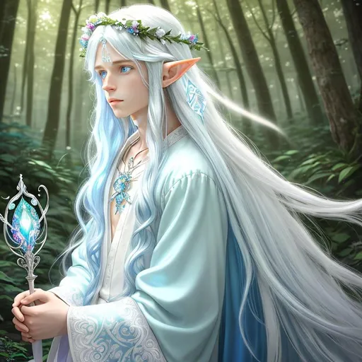 Prompt: A {young beautiful elf boy with long white hair, soft jawline, 2 pointed ears, dreamy clear blue eyes}, intricate colored hair, soft lighting, detailed face, digital painting, looking into camera, full body, beautiful with many layers white clothes, fairy forest background, royal crown on the head, wearing complicated pattern necklace, one hand holding sceptre #MY-BOY# MAN 