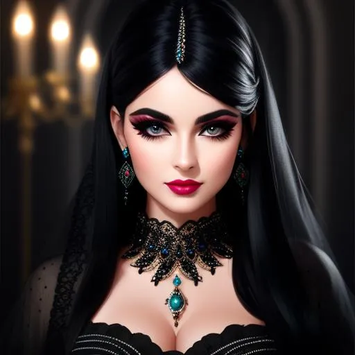 Prompt: Lady with black hair, pretty and stylish makeup, cinematic light,  fantasy