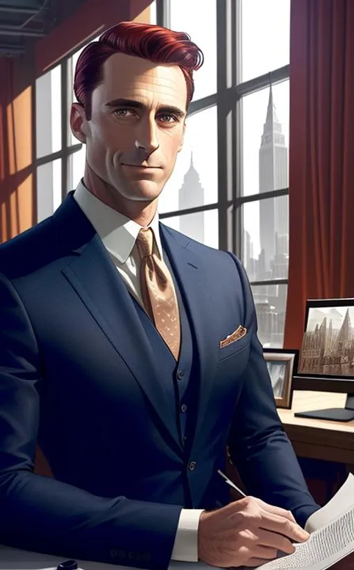 Prompt: Portrait of John Hamm as Howard Roark with reddish hair and with heoric and stearn face, architect office background, perfect composition, hyperrealistic, super detailed, 8k, high quality, trending art, trending on artstation, sharp focus, studio photo, high key lighting, intricate details, highly detailed, by greg rutkowski