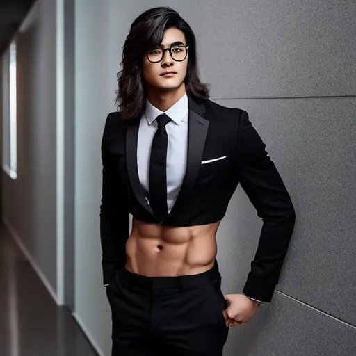 Prompt: an attractive long-haired 20-years old man with a six pack abs and glasses wearing a black suit and tie , hands on hips, sideview, giant hallway 