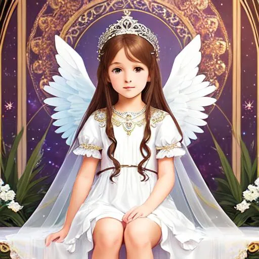 Prompt: Highly detailed girl, sitting,white dress,innocent,ethereal, tiara, full art nouveau background, angelic