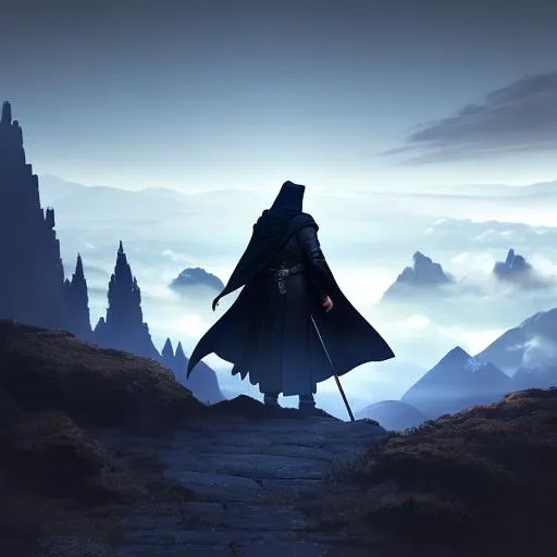 Prompt: Full-body detailed masterpiece, fantasy, high-res, quality upscaled image, perfect composition, subject of this image is a distant cloaked figure staring into distance,  black cloak, athletic body, 18k composition, 16k, 2D image, cell shaded, athletic torso, blue moonlight background, shadowy aura, dnd, magical, hidden face