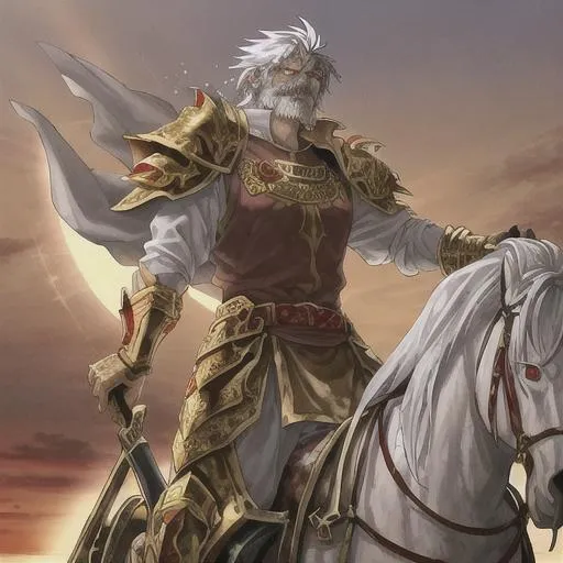 Prompt: An old man with scraggly hair and fierce red eyes. He wears cracked golden armor and a white toga. He also wears a golden civic crown and  a bloody and rusted silver sword. He rides a chariot with the sun behind him.