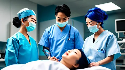 Prompt: . Blue haired Japanese female surgeon with multiple piercings in her ears, scrubs, mask, skullcap. Standing over surgery patient in Operating room 