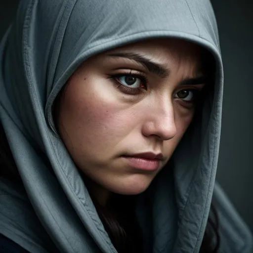 Prompt: A mournful woman in a color scheme of stormy gray, sad eyes, facial closeup