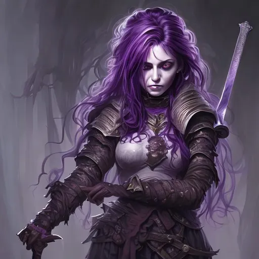 Prompt: hyperrealistic fullbody portrait, dark horror art of beautiful purple hair woman, a sword  on her back and one on her waist