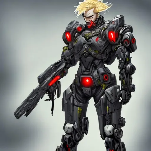 Prompt: Evil Cyborg soldier with red eyes and blonde hair 
full body
