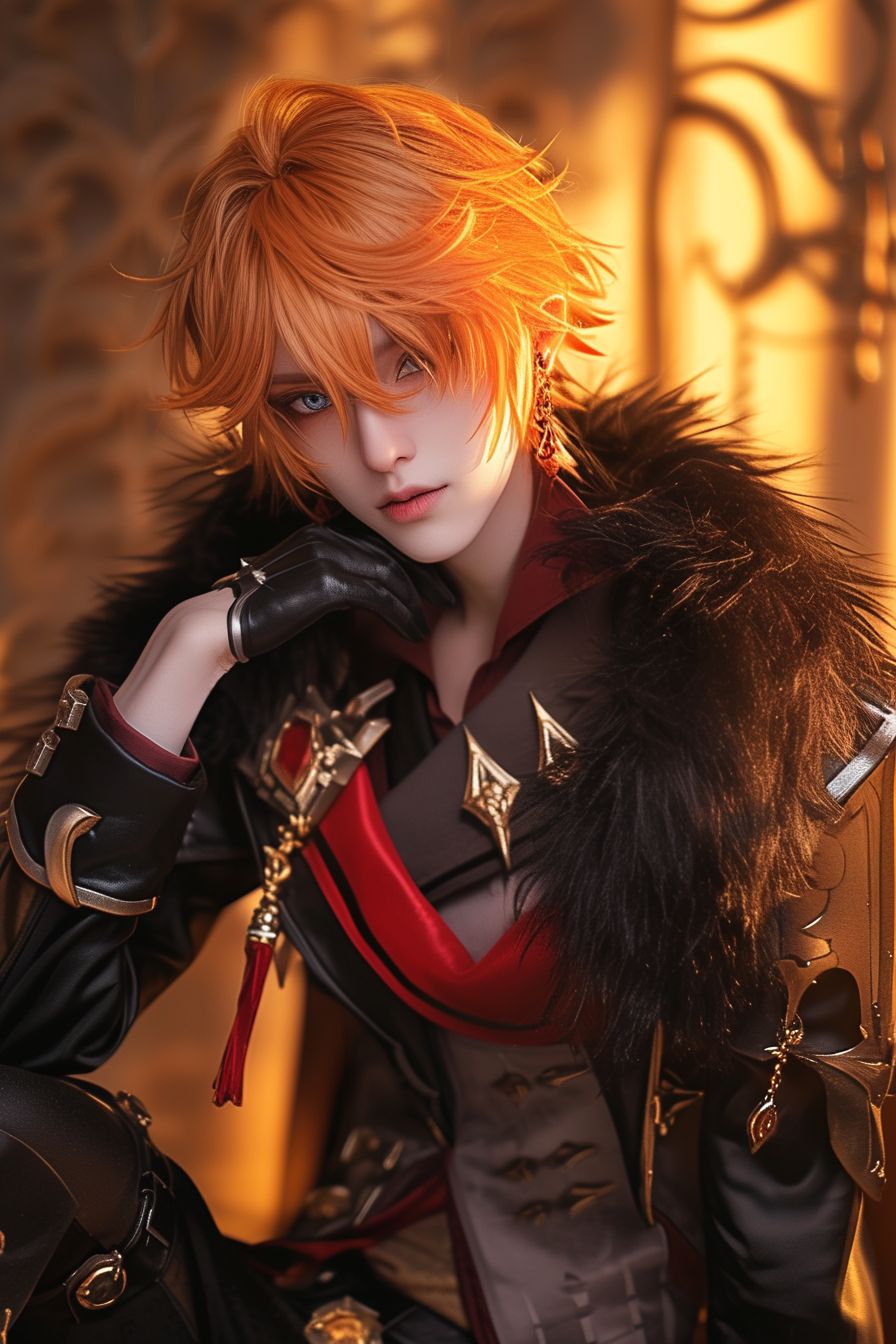 Prompt: Tartaglia from genshin impact, large ocean blue eyes, Short messy orange hair falling between his eyes, single red gem earing (right side), tall muscular skinny male, wearing a dark black trench coat open, tight leather pants and tight crimson red dress shirt, black leather harness, form fitting, open top button on shirt, Knee high black buckled boots, handsome, alluring, tempting eyes, kneeling at beach background --ar 9:16 --niji 6