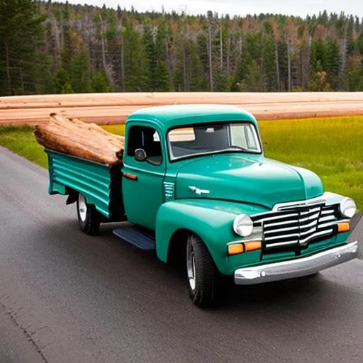 Prompt: A comic book-style pickup truck hauling wood in the country.