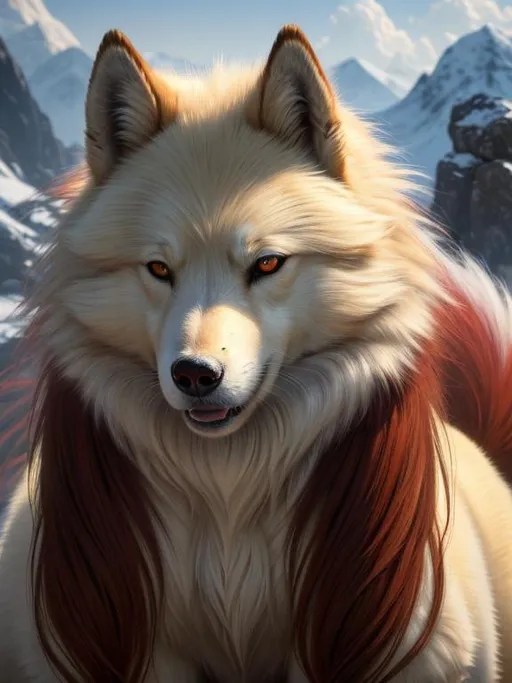 Prompt: 8k, 3D, UHD, masterpiece, oil painting, best quality, artstation, hyper realistic, photograph, perfect composition, zoomed out view of character, 8k eyes, Portrait of a (beautiful Ninetales), {canine quadruped}, thick glistening deep gold fur, deep sinister (crimson eyes), ageless, lives a thousand years, epic anime portrait, vindictive, angry, growling, vengeful, wearing a beautiful (silky scarlet and gold scarf), thick white mane with fluffy golden crest, golden magic fur lighlights, studio lighting, animated, sharp focus, intricately detailed fur, graceful, regal, cinematic, possesses fire element, blizzard, snow mountain, magnificent, sharp detailed eyes, beautifully detailed face, highly detailed starry sky with pastel pink clouds, ambient golden light, plump, perfect proportions, nine beautiful tails with pale orange tips, insanely beautiful, highly detailed mouth, symmetric, sharp focus, golden ratio, complementary colors, perfect composition, professional, unreal engine, high octane render, highly detailed mouth, Yuino Chiri, Anne Stokes