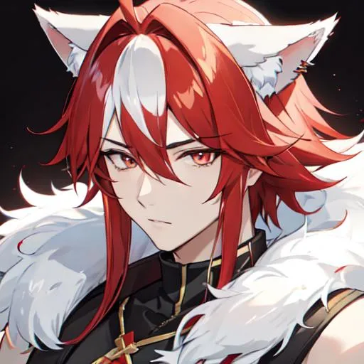 Prompt: male(Red side-swept hair covering his right eye) wolf ears, wolf tail, HD, 8K