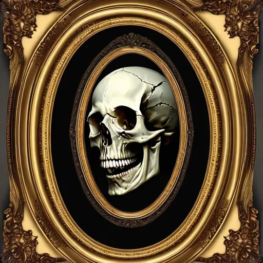 Prompt: a painting Hyperrealistic  of Skull inside style gothic a golden Oval frame 