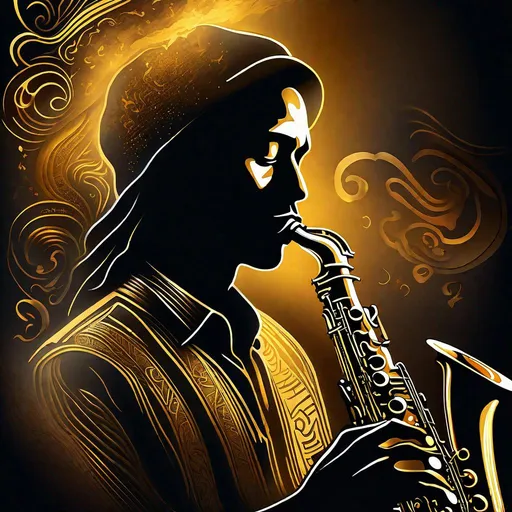 Prompt: very detailed super empath portrait, saxophone gold playing ,Digital illustration,  4k, calligraphy, hieroglyphs smooth lines, gradient fills, beautiful curves, flowing shadows, alternating light and shadow areas, shadows dancing in the rhythm of smoke