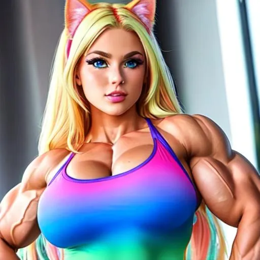 Prompt: {{colorful dress, vibrant colors, {{rainbow clothing}}, overly colorful clothes}}
{{blonde hair, blue eyes, cat ears}}
{{woman, enormous muscles, giant muscles, muscular woman, hulking, flexing, biceps, full body}}

perfect face, perfect body, photorealistic, hyperrealistic, photograph, 22mm lens, 4k, soft lighting, 