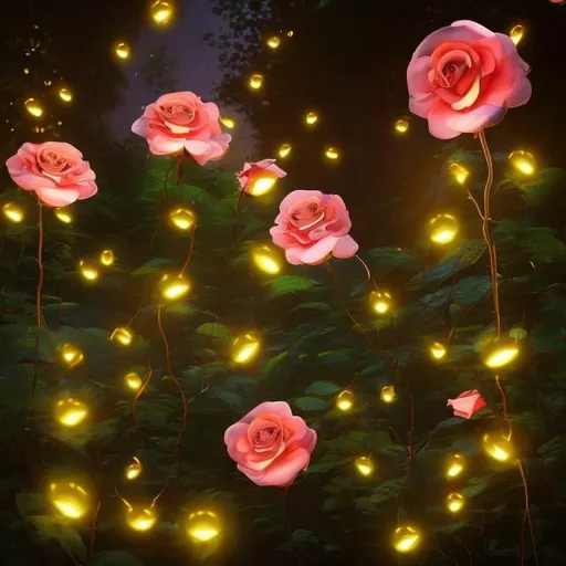 Prompt: live Fireflies in the enchanted forest with beautiful roses, ultra realistic