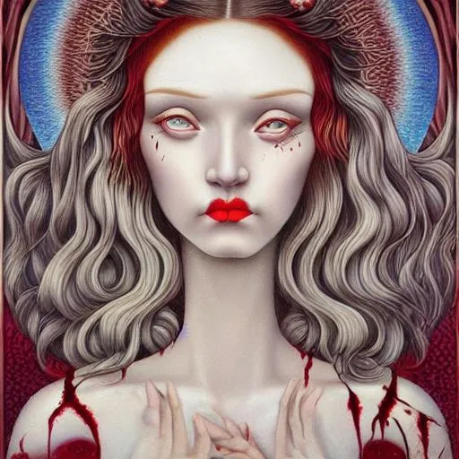 Prompt: in the style of Botticelli, Alex Grey style, Gray hair with blood stains, honey-colored eyes, rosy cheeks, deep red lips, Mark Ryden style eyes 
