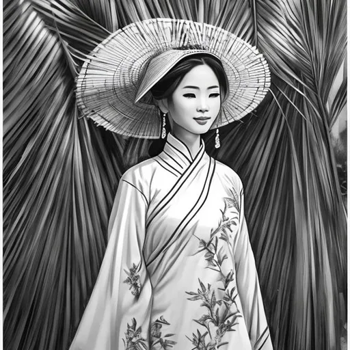 Prompt: "OpenArt AI, please create a black and white sketch capturing the grace and beauty of traditional Vietnam. The central figure should be a young Vietnamese woman, attractive and radiant. She should be adorned in an Ao Dai, Vietnam's traditional outfit, adding to her allure. Complementing her outfit, she is also wearing a palm leaf conical hat, adding a touch of authenticity and charm.

The woman is depicted in a serene and composed posture, sitting gracefully by a picturesque lotus pond. The tranquil beauty of the pond should be visible with blooming lotus flowers in the background.

On the other side, portray a vibrant feudal scene of a Vietnamese restaurant, incorporating traditional Chinese lanterns swaying gently. The architecture and overall aesthetic should reflect the rich history and culture of Vietnam.

In the woman's hands, illustrate a dish of delicious spring rolls, subtly suggesting the delectable Vietnamese cuisine. Her expression should communicate the enjoyment of the dish.

Pay attention to detail in portraying each element of the scene, creating a seamless blend of the serene natural beauty and lively cultural backdrop. Despite the complexity, the sketch should maintain a balanced composition, truly bringing out the essence of Vietnam in a black and white palette."