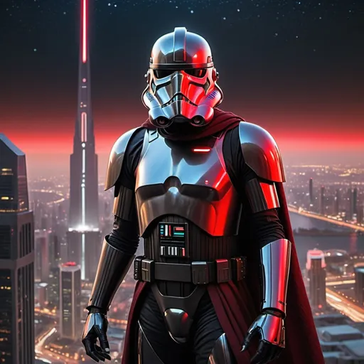 Prompt: A breathtakingly realistic image of a Powerful Male Dark-Skinned Bald helmet-less Jedi standing confidently, directly facing the viewer, clad in a black stormtrooper-type Armor with intricate, red Detailing that glistens ominously under the vivid lights of a bustling, futuristic city. Around him, skyscrapers tower, scarcely lit by a few holographic ads. The air crackles with technology, highlighted by a (brilliant, starry night sky) above and a (small, silvery moon) and a (fleeting comet) streaking across it all