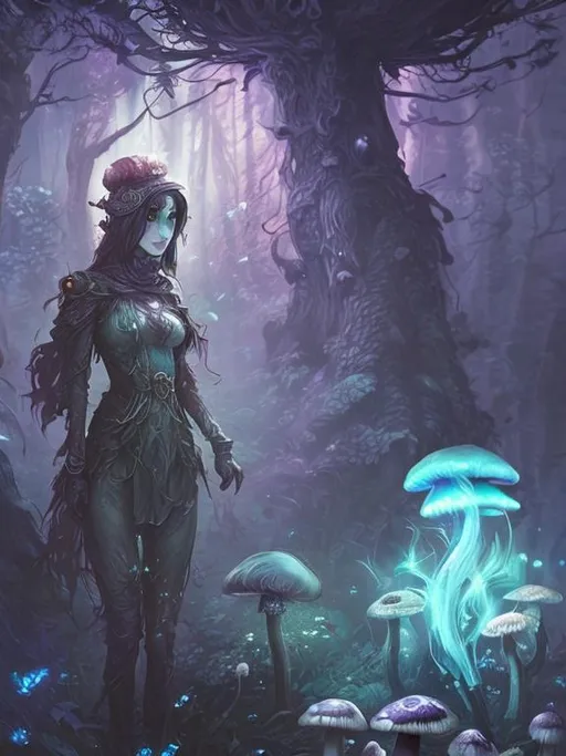 Prompt: Mysterious adventurer female mage of mushroom spores, detailed character portrait, dark fantasy vibe, creative dnd character ideas, lots of mushroom glow, grim dark, artstation 4k, crazyness, clean girl, dramatic light, anime style