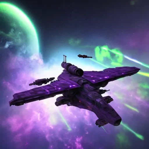 Prompt: sci fi fighter aircraft, flying, space, violet and green coloured nebula behind, photorealistic