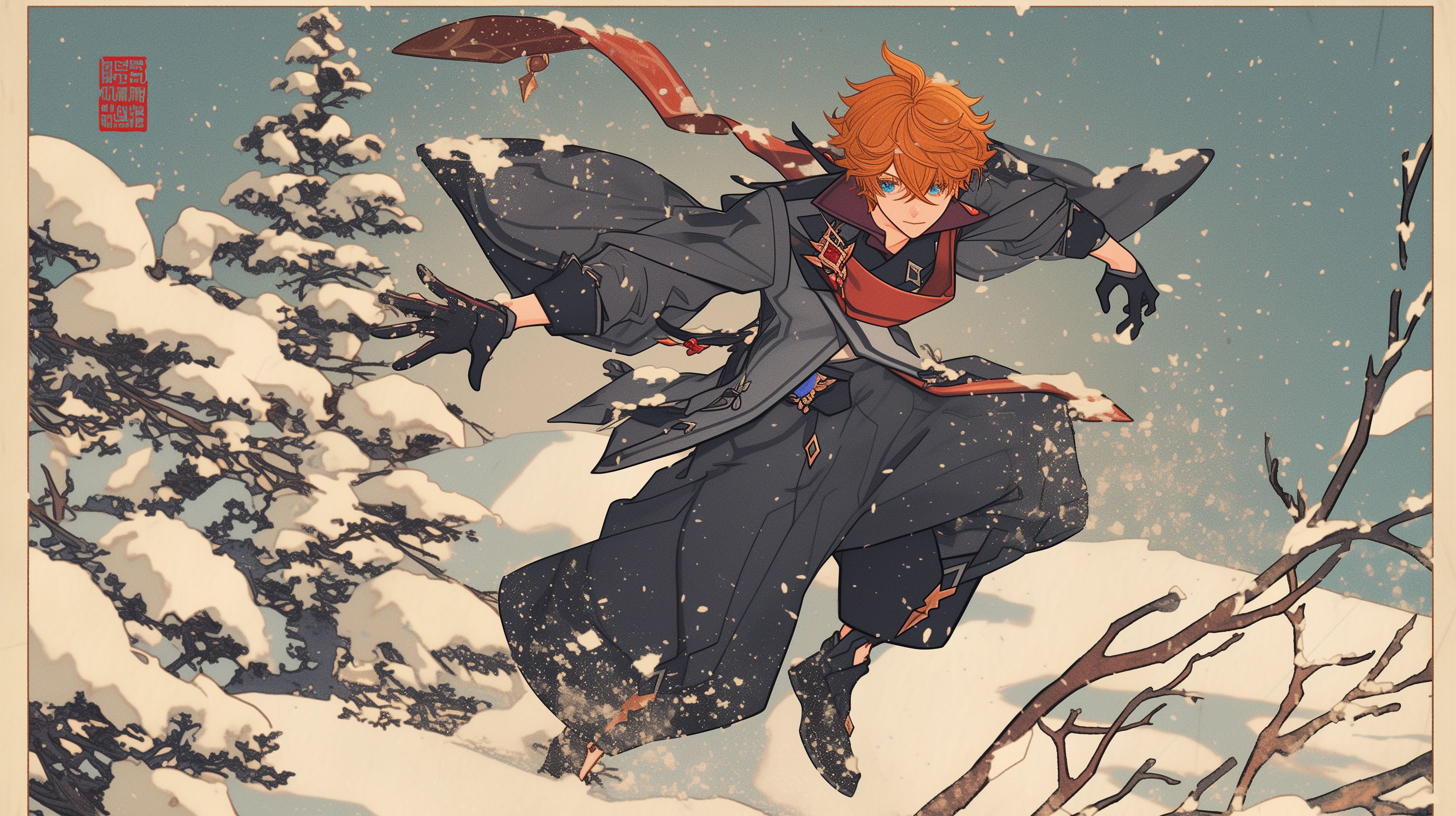 Prompt: Tartaglia from Genshin Impact, fullbody, Short messy ginger hair with Ahoge that falls between the eyes, dark blue eyes, red diamond earing on right side, aged japanese vintage woodblock print style, dynamic pose, dynamic snowy mountianside, thick white border --ar 16:9 --niji 6