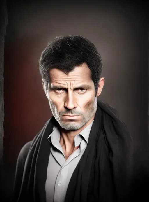 Prompt: dirty, dusty, ripped, photograph of mysterious refined stern handsome man, 40 years old, black scarf, dark hair, scowl, hyper realistic, epic, 4k