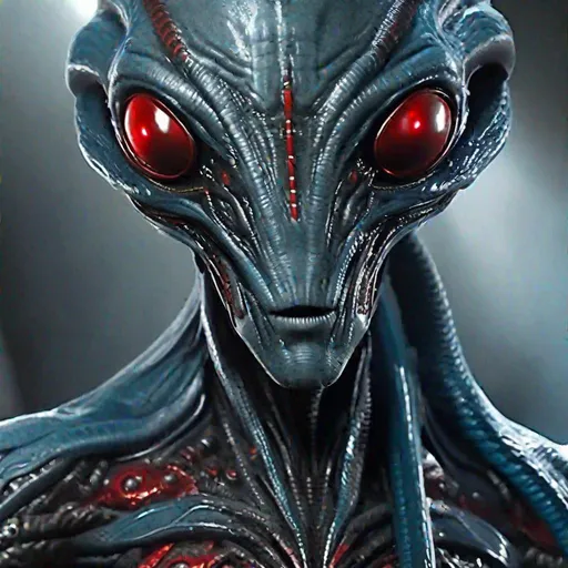 Prompt: Detailde face, body portrait, ultra realistic,a Alien with the body of a humanoid alien, who has grayish-blue skin and a shiny texture, the eyes are large and black, the skin has a tentacle-like red design, which extends from the forehead to the chin. The eyes are large and black. The nose is small and pointed, and the mouth is wide and thin,  two holes on the sides of his head The body is slender and muscular, with a ribcage-like structure on the chest. The arms and legs are long and thin, with three fingers and three claws on each hand and foot.