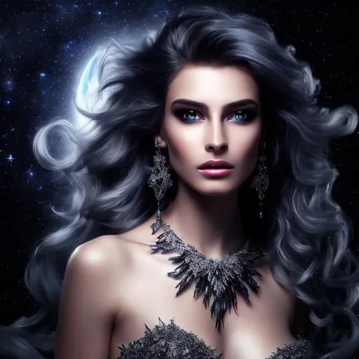 Prompt: HD 4k 3D 8k professional modeling photo hyper realistic beautiful woman ethereal greek goddess of the night
silver hair gray eyes gorgeous face black skin black shimmering dress black wings full body silver jewelry  crown surrounded by magical glowing starlight hd landscape background of enchanting mystical stars black cosmos moon