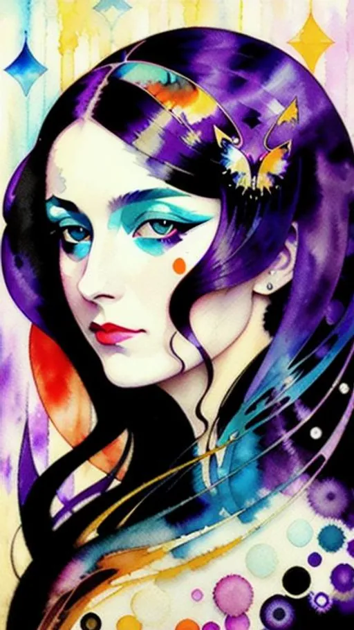 Prompt: Lady in Black, smudge, splash, stain, watercolor, alphonse mucha, rococo, iridescent, synesthesia, mysterious, vapor, whimsical, noctilucent, karol bak, sonia delaunay, takashi murakami, ralph steadman, mixed media, symbolist painting