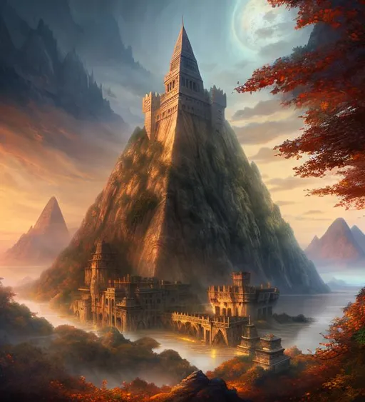 Prompt: Pyramid castle designed by michealangelo, large mountain range, sunrise, fog + dreamy natural autumn colors, dreamy colors, intricate details + diffused light + fantasy painting + ultra realistic + unreal engine

