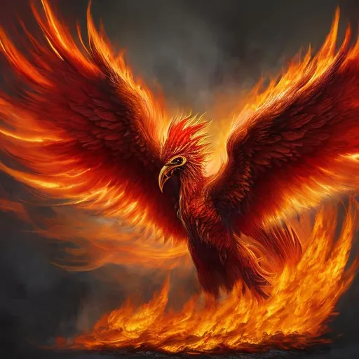 Prompt: A bright red, orange, and hues of yellow feathered phoenix rising from the ashes, crown on its head, large fire wings