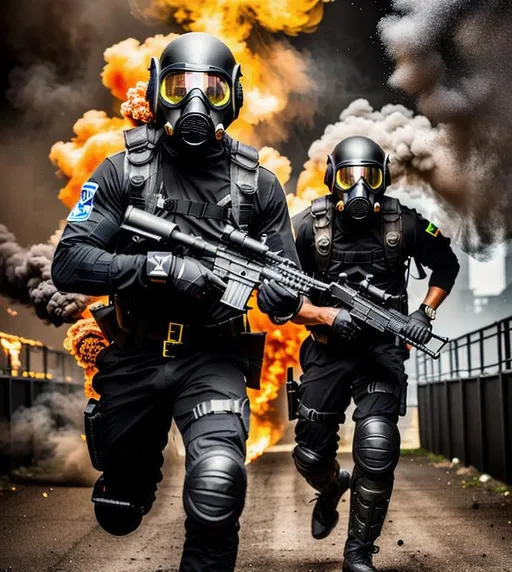 Prompt: Several mordern male black color with gas mask black, running with guns, Highly Detailed, Hyperrealistic, sharp focus, Professional, UHD, HDR, 8K, Render, electronic, dramatic, vivid, pressure, stress, nervous vibe, loud, tension, traumatic, dark, cataclysmic, violent, fighting, Epic.