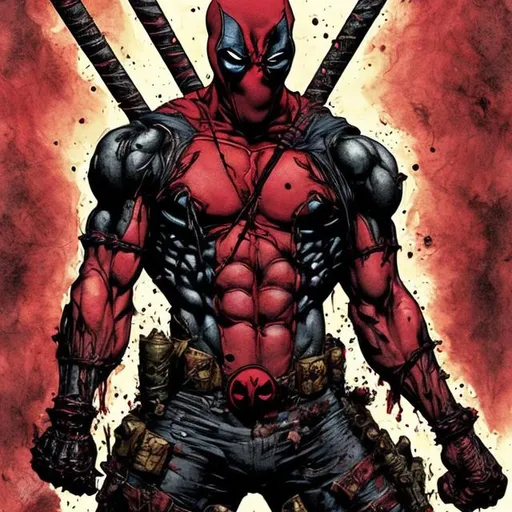Prompt: Todd McFarlane Spawn Deadpool variant. muscular. dark gritty. Bloody. Hurt. Damaged. Accurate. realistic. evil eyes. Slow exposure. Detailed. Dirty. Dark and gritty. Post-apocalyptic. Shadows. Sinister. Intense. 