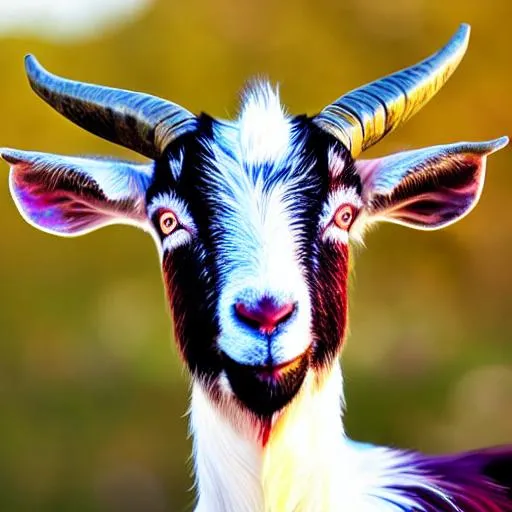 Prompt: hypnotic multicolor goat, close up, portrait, high definition, morning sunrise vivid colors, wide lense, professional photography 