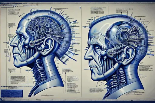 Prompt: technical drawing blueprint Futurism art style infographics exploded view of  biomechanical head of joe biden by hr giger  retro, infographics, marginalia, detailed exploded view, 1950's popular mechanics poster,  
