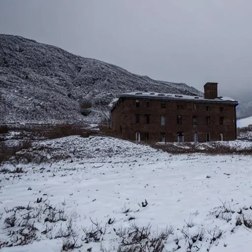 Prompt: Abandoned mountain military base covered in snow