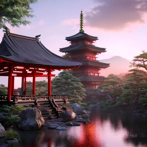 Prompt: Japanese temple, sunset, waterfalls, rocks, trees, nature, beautiful stylish view, 8k