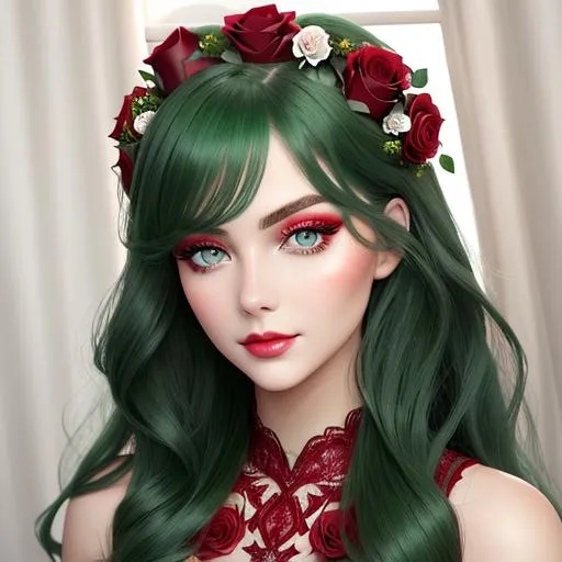 Prompt: Beauty, Beautiful and Gorgeous red roses in hair,  very light green eyes,pretty makeup, facial closeup