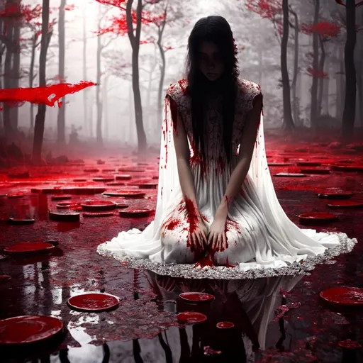Prompt: Woman wearing blood-stained white dress, sitting in a puddle of blood, crying ,sad, in a blood bleeding forest background,natural lighting, hyper detailed 
