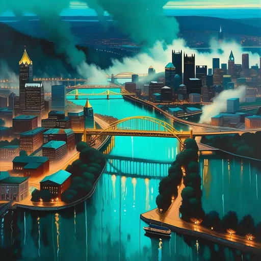 Prompt: Aerial view of Pittsburgh, 2020s, rain, fog, dark teal atmosphere, cartoony style, extremely detailed painting by Greg Rutkowski and by Henry Justice Ford and by Steve Henderson