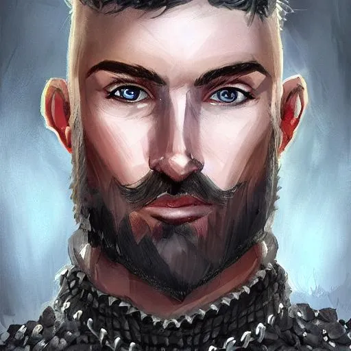 Prompt: male, human, dnd, cleric, chainmail, short hair, short beard, single portrait, painted look