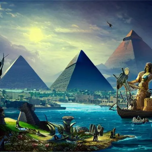 Prompt: Egyptian fantasy landscape with pyramids, mythological animals and magic 
