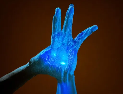 Prompt: blue glowing hand reaching out, surrealism