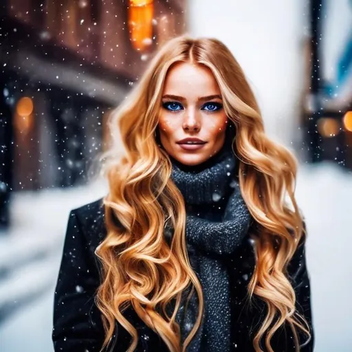Prompt: professional portrait photograph of a gorgeous Norwegian girl in winter clothing with long wavy blonde hair, ((sultry flirty look)), freckles, beautiful symmetrical face, cute natural makeup, ((standing outside in snowy city street)), stunning modern urban upscale environment, ultra realistic, concept art, elegant, highly detailed, intricate, sharp focus, depth of field, f/1. 8, 85mm, medium shot, mid shot, (centered image composition), (professionally color graded), ((bright soft diffused light)), volumetric fog, trending on instagram, trending on tumblr, hdr 4k, 8k